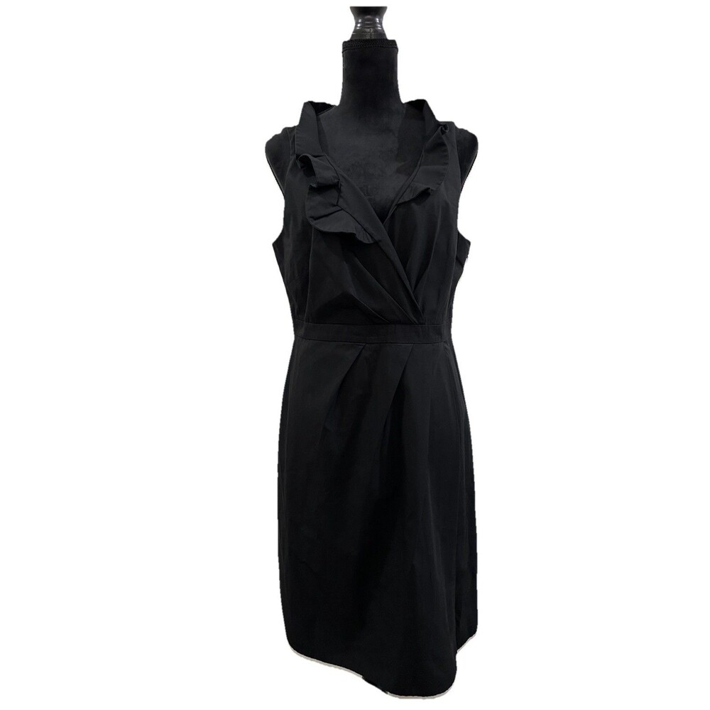 J.CREW Womens 14 Black  Dress Sleeveless Side Zipper V Neck Ruffle Around Neck
